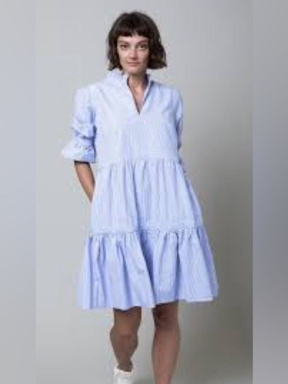 Gretchen Scott Teardrop Tiered Dress Light Blue Pinstripe Size Small - Picture 8 of 8